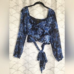 Japna Blue Floral Long Sleeve Tie Back Crop Top Size Large